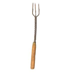 Antique Hand Forged 3 Tine Kitchen Hearth Fork Twisted Iron Wood Handle 14"